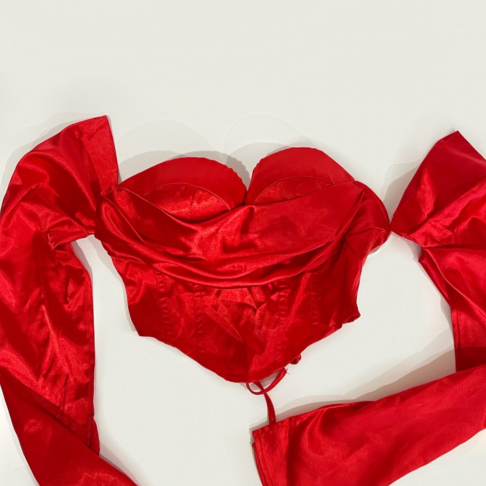 Red satin off shoulder cropped top